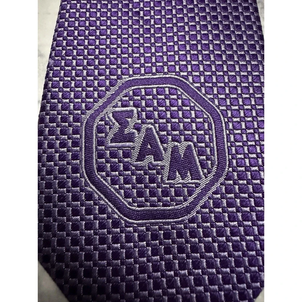 Sigma Alpha Mu Fraternity Purple Logo Geometric Square Pattern Silk Tie Greek